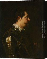 Dyck Canvas Paintings - Portrait of a Military Commander bust length in Profile in Damascened armour with white collar and red sash by Sir Antony van Dyck