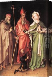 Donors Canvas Paintings - Saints Catherine, Hubert and Quirinus with a Donor by Stefan Lochner