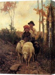 Stefano Canvas Paintings - Children With Sheep On A Path by Stefano Bruzzi