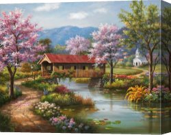 Spirit of Spring Canvas Paintings - Covered Bridge in Spring by Sung Kim