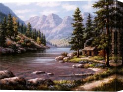 A Peaceful Retreat Canvas Paintings - Log Cabin Retreat by Sung Kim