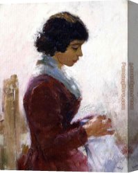 Girl with a Red Hat Canvas Paintings - Girl in Red Sewing by Theodore Robinson