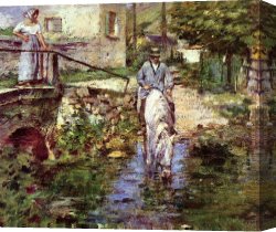 The Daughters of Judah in Babylon Canvas Paintings - Pere Trognon and His Daughter at the Bridge by Theodore Robinson