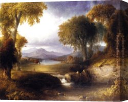 An Autumn Landscape with Cows Near a Stream Canvas Paintings - Autumn Landscape by Thomas Doughty