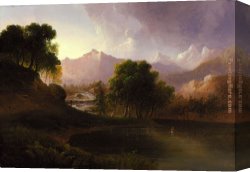 Highland Cattle Grazing by a Mountain Stream Canvas Paintings - Landscape with Stream and Mountains by Thomas Doughty