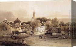 Village Street And Stairs with Figures Canvas Paintings - Village Street and Church Spire by Thomas Girtin