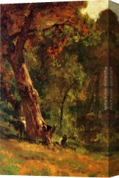 Cattle And Sheep Resting Canvas Paintings - Chinese Man Tending Cattle by Thomas Hill