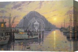 Golden Sunset Canvas Paintings - Morro Bay at Sunset by Thomas Kinkade