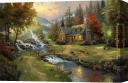 Highland Cattle Grazing by a Mountain Stream Canvas Paintings - Mountain Paradise by Thomas Kinkade