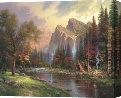 Highland Cattle Grazing by a Mountain Stream Canvas Paintings - Mountains Declare his Glory by Thomas Kinkade