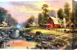 Golden Sunset Canvas Paintings - Sunset at Riverbend Farm by Thomas Kinkade
