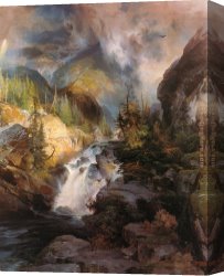Highland Cattle Grazing by a Mountain Stream Canvas Paintings - Children of the Mountain by Thomas Moran