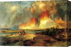 By The River, Brondbyvester Canvas Paintings - Cliffs of the Upper Colorado river by Thomas Moran