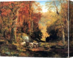 An English River in Autumn Canvas Paintings - Cresheim Glen, Wissahickon, Autumn by Thomas Moran