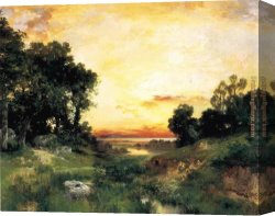 Old Windmill, East Hampton, Long Island, New York Canvas Paintings - Sunset, Long Island Sound by Thomas Moran