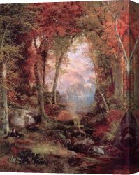 Trees in Park Canvas Paintings - The Autumnal Woods Under the Trees by Thomas Moran