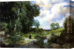 Young Canvas Paintings - Young Girl in a Long Island Landscape by Thomas Moran