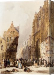 Village Street And Stairs with Figures Canvas Paintings - Figures On A Street In A Market Town, Belgium by Thomas Shotter Boys