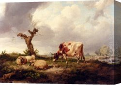 Cooper Canvas Paintings - A Cow With Sheep In A Landscape by Thomas Sidney Cooper