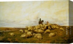 A Shepherd And His Dog Guarding a Flock of Sheep Canvas Paintings - A Shepherd With His Flock by Thomas Sidney Cooper