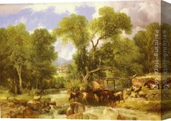 Cooper Canvas Paintings - A Wooded Ford by Thomas Sidney Cooper