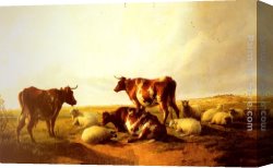 Cooper Canvas Paintings - Cattle and Sheep in a Landscape by Thomas Sidney Cooper