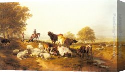 Cooper Canvas Paintings - Cattle and Sheep Resting in an Extensive Landscape by Thomas Sidney Cooper