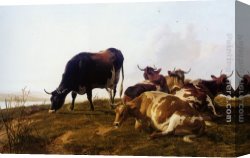 Cooper Canvas Paintings - Cattle resting beside a river by Thomas Sidney Cooper