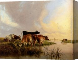 Prospecting for Cattle Range Canvas Paintings - Cattle Watering by Thomas Sidney Cooper