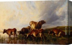 Cooper Canvas Paintings - Cattle Wattering by Thomas Sidney Cooper