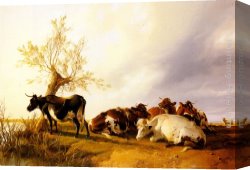 Cooper Canvas Paintings - Dairy Cows Resting by Thomas Sidney Cooper