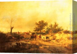 Cooper Canvas Paintings - Near Canterbury a Boy on a Donkey driving Cattle along a Road, the Cathedral beyond by Thomas Sidney Cooper
