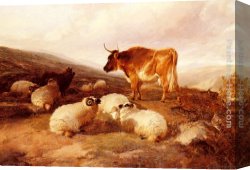 Cooper Canvas Paintings - Rams And A Bull In A Highland Landscape by Thomas Sidney Cooper