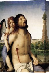 Dead Christ Attended by Two Angels Canvas Paintings - antonello messina The dead christs by Unknown Artist