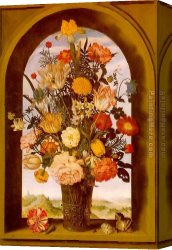 The Open Window Canvas Paintings - bosschaert Flower Vase in a Window Niche by Unknown Artist