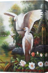 (wings) Canvas Paintings - Cranes Two One Wings Spread White Flowers by Unknown Artist
