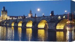 Prague Canvas Paintings - Full Moon Rising Over Charles Bridge in Prague by Unknown Artist