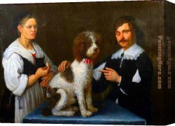 Man Walking Dogs Canvas Paintings - Guercino of a dog on table with a man and a woman by Unknown Artist