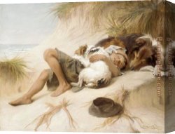 Young Canvas Paintings - Margaret Collyer Young Boy Asleep with Dogs by Unknown Artist