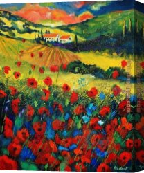 Tuscany Canvas Paintings - Poppies In Tuscany by Unknown Artist