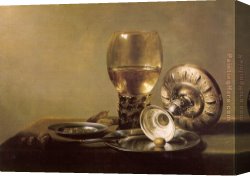 Still Life with Grapes, a Peach, Plums And a Pear on a Table with a Wine Glass And a Flask Canvas Paintings - Still Life with Wine Glass and Silver Bowl by Unknown Artist