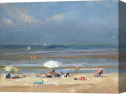 Sunny Canvas Paintings - Sunny at the beach white parasol by Unknown Artist