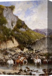 Calves Watering Canvas Paintings - Arab Riders watering the Horses by Victor Pierre Huguet