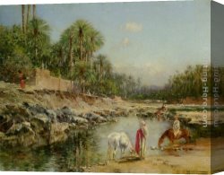 Standing Canvas Paintings - Figures Standing by a Caravan by Victor Pierre Huguet