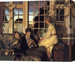 Mother And Child 7 Canvas Paintings - A Mother and Children by a Window at Dusk by Viggo Christian Frederick Pedersen