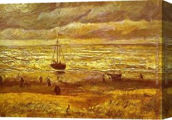 Figure Classic Canvas Paintings - Beach with Figures and Sea with a Ship by Vincent van Gogh