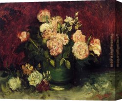 Bowl Canvas Paintings - Bowl with Peonies and Roses by Vincent van Gogh