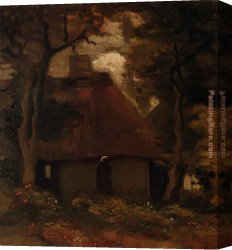 Peasant Canvas Paintings - Cottage and Peasant Woman under the Trees by Vincent van Gogh