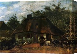 Gingerbread Cottage Canvas Paintings - Cottage and Woman with Goat by Vincent van Gogh
