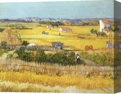 Harvest Canvas Paintings - Harvest at La Crau_ with Montmaiour in the Background by Vincent van Gogh